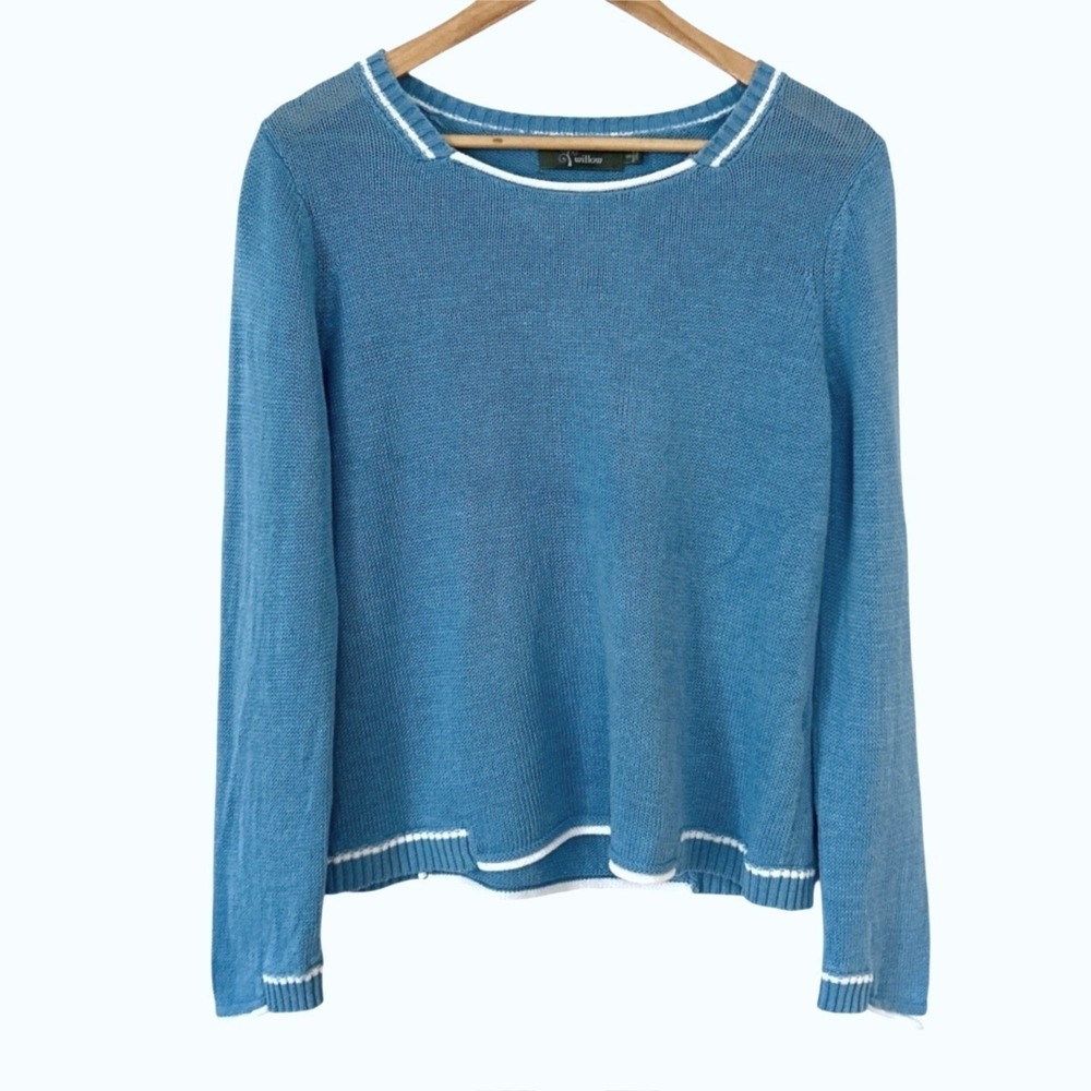 Willow Y2K Linen Cotton Sweater S Blue White Trim Ribbed Coastal Preppy Capsule